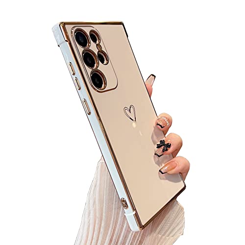 DEFBSC Compatible with Samsung Galaxy S23 Ultra Case with Gold Heart, Luxury Plating Edge Bumper Cute Case with Full Camera Protection for Women Girls, Anti-Scratch Shockproof Phone Cover,White