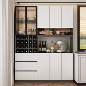famapy kitchen hutch storage cabinet with wine storage & glass doors and lights, storage cabinet bar cabinet with adjustable shelves, white and dark grey (63”w x 15.7”d x 82.6”h)