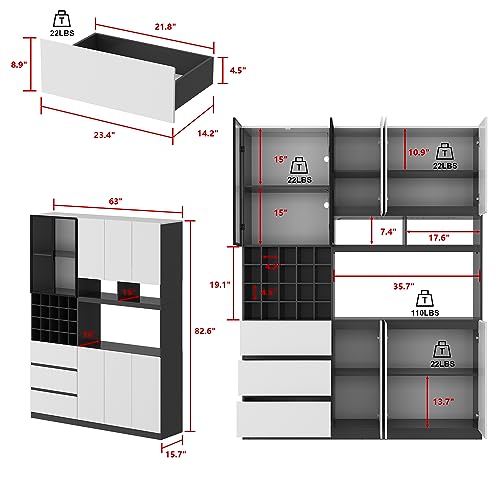 FAMAPY Kitchen Hutch Storage Cabinet with Wine Storage & Glass Doors and Lights, Storage Cabinet Bar Cabinet with Adjustable Shelves, White and Dark Grey (63”W x 15.7”D x 82.6”H)