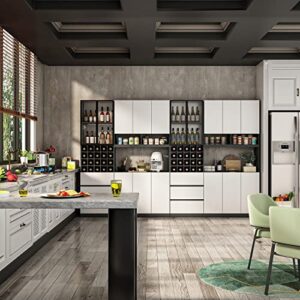 FAMAPY Kitchen Hutch Storage Cabinet with Wine Storage & Glass Doors and Lights, Storage Cabinet Bar Cabinet with Adjustable Shelves, White and Dark Grey (63”W x 15.7”D x 82.6”H)