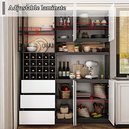 FAMAPY Kitchen Hutch Storage Cabinet with Wine Storage & Glass Doors and Lights, Storage Cabinet Bar Cabinet with Adjustable Shelves, White and Dark Grey (63”W x 15.7”D x 82.6”H)