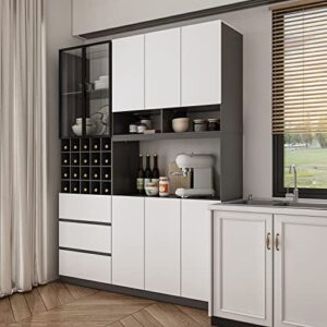 FAMAPY Kitchen Hutch Storage Cabinet with Wine Storage & Glass Doors and Lights, Storage Cabinet Bar Cabinet with Adjustable Shelves, White and Dark Grey (63”W x 15.7”D x 82.6”H)