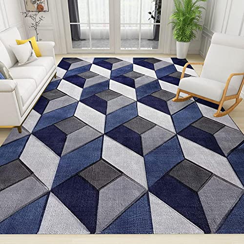 Blue Gray Geometric Texture Area Carpet, Modern Abstract Minimalism Outdoor Rug, Indoor Rugs Washable Non-Slip Breathable Durable for Living Room Bedroom Study Dining Room Office5 x 8ft