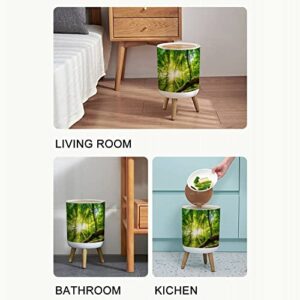 Small Trash Can with Lid Green Forest by Sun Garbage Bin Wood Waste Bin Press Cover Round Wastebasket for Bathroom Bedroom Diaper Office Kitchen