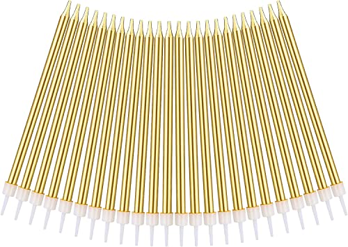 URAQT Birthday Candles, 24 Pcs Metallic Birthday Cake Candles in Holders, 5.1 inch Long Thin Golden Candles Cupcake Candles for Birthday Wedding Baby Shower Party Decoration