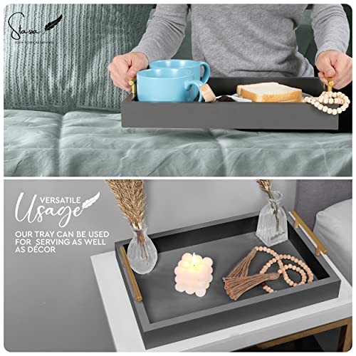 Decorative Coffee Table Tray Decor - Ottoman Tray - Free Beads Garland & Coasters - Wood Serving Tray with Handles - Modern Contemporary Design - Bar Trays for Liquor Display - Large Wooden Tray