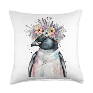 more cute bird lover & spring flower designs cute penguin seabird flower crown floral birds throw pillow, 18x18, multicolor