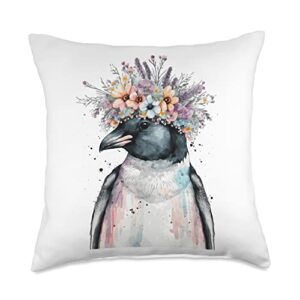 More Cute Bird Lover & Spring Flower Designs Cute Penguin Seabird Flower Crown Floral Birds Throw Pillow, 18x18, Multicolor