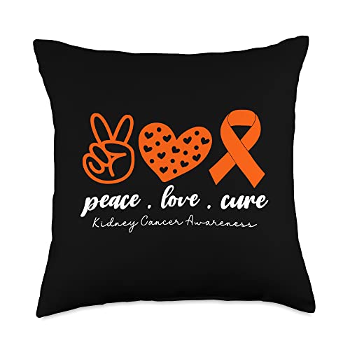 Peace Love Cure Kidney Cancer Awareness Designs Heart Orange Ribbon Peace Love Cure Kidney Cancer Awareness Throw Pillow, 18x18, Multicolor