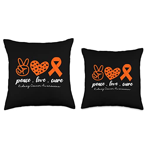 Peace Love Cure Kidney Cancer Awareness Designs Heart Orange Ribbon Peace Love Cure Kidney Cancer Awareness Throw Pillow, 18x18, Multicolor