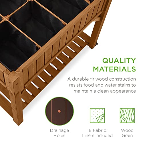 Best Choice Products Elevated 8 Pocket Herb Garden Bed, Mobile Raised Customizable Wood Planter for Herbs, Vegetables, Flowers w/Lockable Wheels, Storage Shelf, Drainage Holes - Acorn Brown