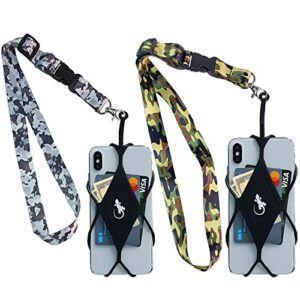 gecko travel tech lanyard phone holder x2 - universal phone lanyards for around the neck with silicone pocket (2 pack - camo set)