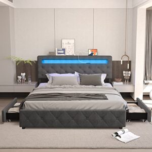 homfamilia queen bed frame with headboard and drawers, led bed frame with adjustable storage & led lights headboard, upholstered platform bed with 2 usb ports, no box spring needed, dark grey