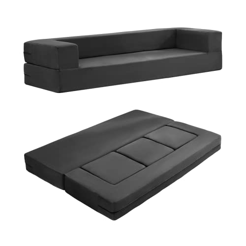 CECER Convertible Futon Sofa Bed with 3 Ottomans, Memory Foam Pull Out Couch, Velvet Fold Out Sleeper Sofa Couch, Foldable Mattress Floor Sofa for Living Room/Bedroom/Office, Dark Grey