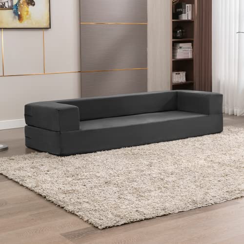 CECER Convertible Futon Sofa Bed with 3 Ottomans, Memory Foam Pull Out Couch, Velvet Fold Out Sleeper Sofa Couch, Foldable Mattress Floor Sofa for Living Room/Bedroom/Office, Dark Grey