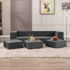 CECER Convertible Futon Sofa Bed with 3 Ottomans, Memory Foam Pull Out Couch, Velvet Fold Out Sleeper Sofa Couch, Foldable Mattress Floor Sofa for Living Room/Bedroom/Office, Dark Grey