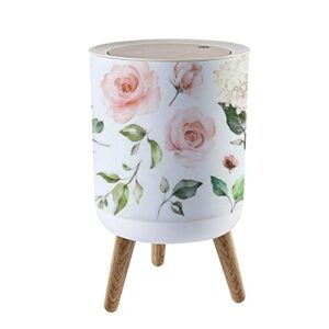 Trash Can with Lid Set watercolor elements roses hydrangea collection garden pink flowers Press Cover Small Garbage Bin Round with Wooden Legs Waste Basket for Bathroom Kitchen Bedroom 7L/1.8 Gallon