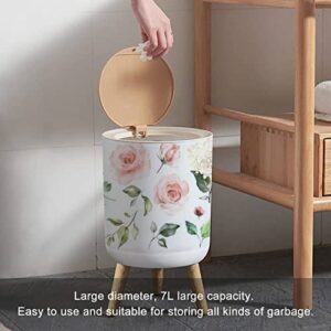 Trash Can with Lid Set watercolor elements roses hydrangea collection garden pink flowers Press Cover Small Garbage Bin Round with Wooden Legs Waste Basket for Bathroom Kitchen Bedroom 7L/1.8 Gallon