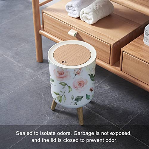 Trash Can with Lid Set watercolor elements roses hydrangea collection garden pink flowers Press Cover Small Garbage Bin Round with Wooden Legs Waste Basket for Bathroom Kitchen Bedroom 7L/1.8 Gallon