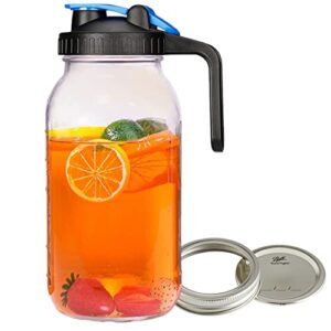 64 oz mason jar pitcher wide mouth 64 oz mason jar pitcher with airtight lid and metal lid and band - 2 quart pitcher for iced tea, sun tea, juice, coffee (blue)