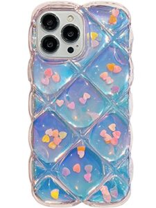 qokey compatible with iphone 14 pro max case 6.7",cute laser gradual bling love heart glitter clear+translucent card soft wave frame anti-falling 3d thick shockproof phone cover(for 14 pro max 6.7")