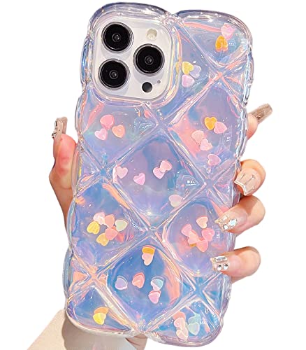 Qokey Compatible with iPhone 14 Pro Max Case 6.7",Cute Laser Gradual Bling Love Heart Glitter Clear+Translucent Card Soft Wave Frame Anti-Falling 3D Thick Shockproof Phone Cover(for 14 Pro Max 6.7")