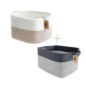 comfy-homi 13.5"x11"x 9.5" square cotton rope woven basket with handle laundry storage bin (set of 2) brown and light grey