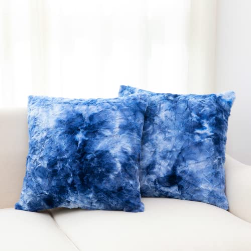 Cheer Collection Faux Fur Throw Pillow Set of 2 for Couch, Beds, Bedroom and Living Room - Ultra Soft and Cozy, Elegant Home Decor, Stylish Accent Pillows - 18" x 18", Blue & White