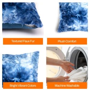 Cheer Collection Faux Fur Throw Pillow Set of 2 for Couch, Beds, Bedroom and Living Room - Ultra Soft and Cozy, Elegant Home Decor, Stylish Accent Pillows - 18" x 18", Blue & White