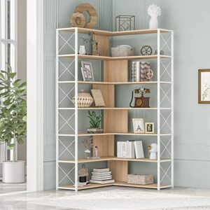 bookcase 7-tier tall corner bookshelf, freestanding l shaped storage organizer book shelf with metal frame for living room study room office