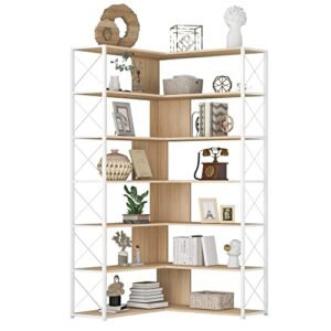 Bookcase 7-Tier Tall Corner Bookshelf, Freestanding L Shaped Storage Organizer Book Shelf with Metal Frame for Living Room Study Room Office