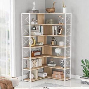 Bookcase 7-Tier Tall Corner Bookshelf, Freestanding L Shaped Storage Organizer Book Shelf with Metal Frame for Living Room Study Room Office
