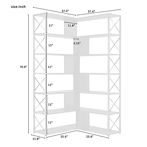 Bookcase 7-Tier Tall Corner Bookshelf, Freestanding L Shaped Storage Organizer Book Shelf with Metal Frame for Living Room Study Room Office