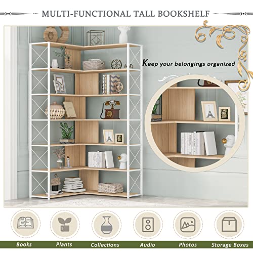 Bookcase 7-Tier Tall Corner Bookshelf, Freestanding L Shaped Storage Organizer Book Shelf with Metal Frame for Living Room Study Room Office