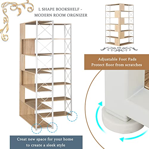 Bookcase 7-Tier Tall Corner Bookshelf, Freestanding L Shaped Storage Organizer Book Shelf with Metal Frame for Living Room Study Room Office