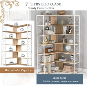 Bookcase 7-Tier Tall Corner Bookshelf, Freestanding L Shaped Storage Organizer Book Shelf with Metal Frame for Living Room Study Room Office