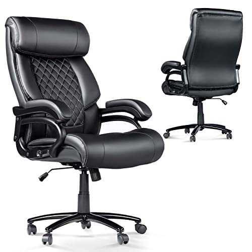 Big and Tall Office Chair, Computer Desk Chair with High Back, Office Chairs for Heavy People, PU Leather Home Office Desk Chair for Bedroom, 360°Rotating Heavy Duty Office Chair, Black