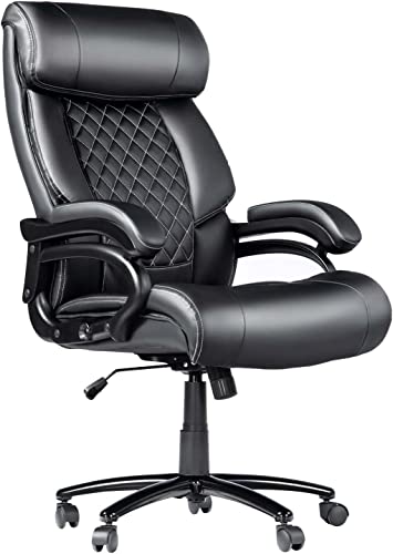 Big and Tall Office Chair, Computer Desk Chair with High Back, Office Chairs for Heavy People, PU Leather Home Office Desk Chair for Bedroom, 360°Rotating Heavy Duty Office Chair, Black