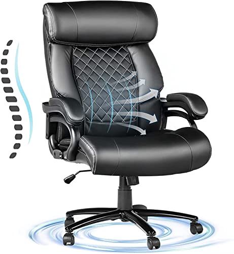 Big and Tall Office Chair, Computer Desk Chair with High Back, Office Chairs for Heavy People, PU Leather Home Office Desk Chair for Bedroom, 360°Rotating Heavy Duty Office Chair, Black