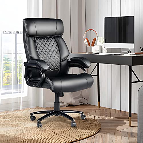 Big and Tall Office Chair, Computer Desk Chair with High Back, Office Chairs for Heavy People, PU Leather Home Office Desk Chair for Bedroom, 360°Rotating Heavy Duty Office Chair, Black