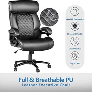 Big and Tall Office Chair, Computer Desk Chair with High Back, Office Chairs for Heavy People, PU Leather Home Office Desk Chair for Bedroom, 360°Rotating Heavy Duty Office Chair, Black