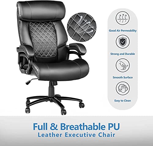 Big and Tall Office Chair, Computer Desk Chair with High Back, Office Chairs for Heavy People, PU Leather Home Office Desk Chair for Bedroom, 360°Rotating Heavy Duty Office Chair, Black