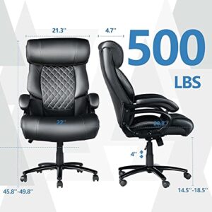 Big and Tall Office Chair, Computer Desk Chair with High Back, Office Chairs for Heavy People, PU Leather Home Office Desk Chair for Bedroom, 360°Rotating Heavy Duty Office Chair, Black