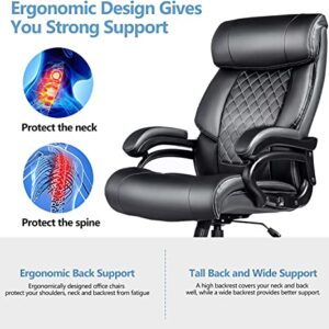 Big and Tall Office Chair, Computer Desk Chair with High Back, Office Chairs for Heavy People, PU Leather Home Office Desk Chair for Bedroom, 360°Rotating Heavy Duty Office Chair, Black