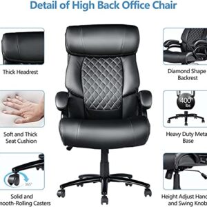 Big and Tall Office Chair, Computer Desk Chair with High Back, Office Chairs for Heavy People, PU Leather Home Office Desk Chair for Bedroom, 360°Rotating Heavy Duty Office Chair, Black