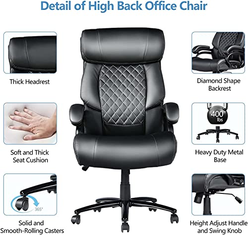 Big and Tall Office Chair, Computer Desk Chair with High Back, Office Chairs for Heavy People, PU Leather Home Office Desk Chair for Bedroom, 360°Rotating Heavy Duty Office Chair, Black