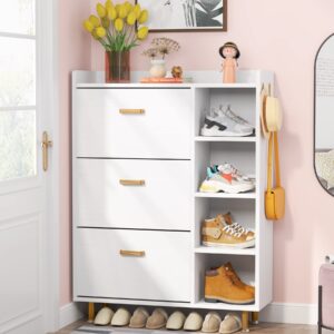 Tribesigns Shoe Cabinet, Flip Drawers Shoe Storage Cabinet for Entryway with 3 Flip Drawers and 5 Shelves, White Golden Freestanding Shoes Cabinet for Closet, Living Room, Bedroom (White/Golden)