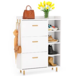 Tribesigns Shoe Cabinet, Flip Drawers Shoe Storage Cabinet for Entryway with 3 Flip Drawers and 5 Shelves, White Golden Freestanding Shoes Cabinet for Closet, Living Room, Bedroom (White/Golden)