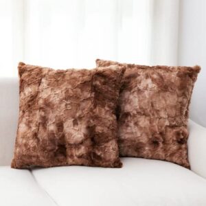 cheer collection faux fur throw pillow set of 2 for couch, beds, bedroom and living room - ultra soft and cozy, elegant home decor, stylish accent pillows - 18" x 18", brown & white