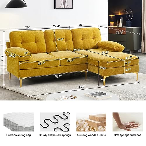 82" Sectional Couch w/Chaise Sleeper, Chenille Small L Shape Sofa Couch, Sofa with Chaise Mid-Modern Century Couch with Removable and Washable Cushions (Yellow)